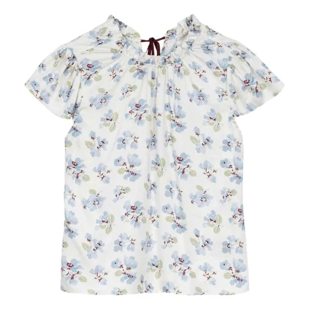 Doen Yvie Bleu Flocking Floral Print Feminine Cap Sleeve Blouse Top